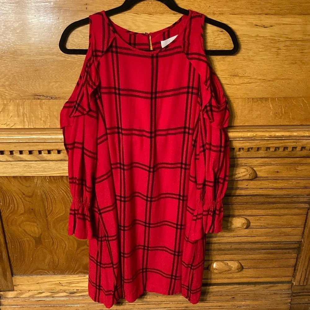 Loft Preppy 90s Red Black Plaid Cold Shoulder Ruffle Mini Dress Smocked Cuff